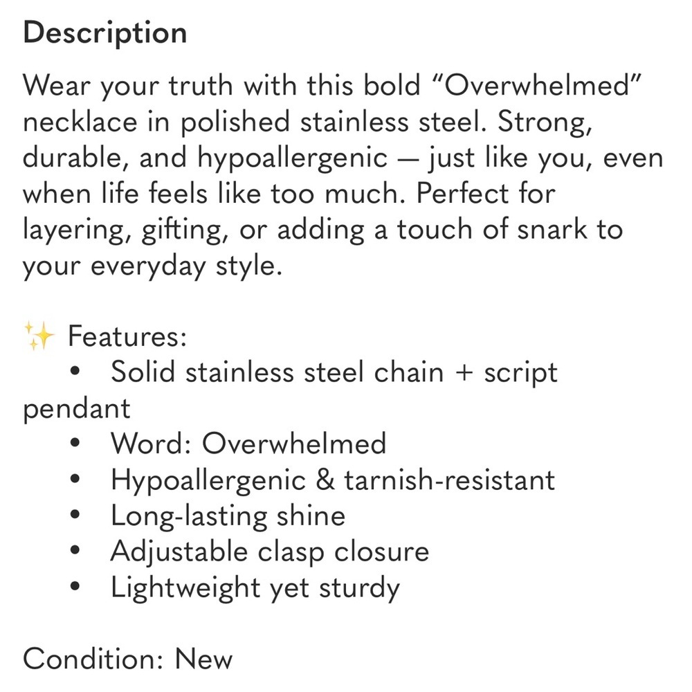 “Overwhelmed” NEW Stainless Steel Necklace - Picture 3 of 3